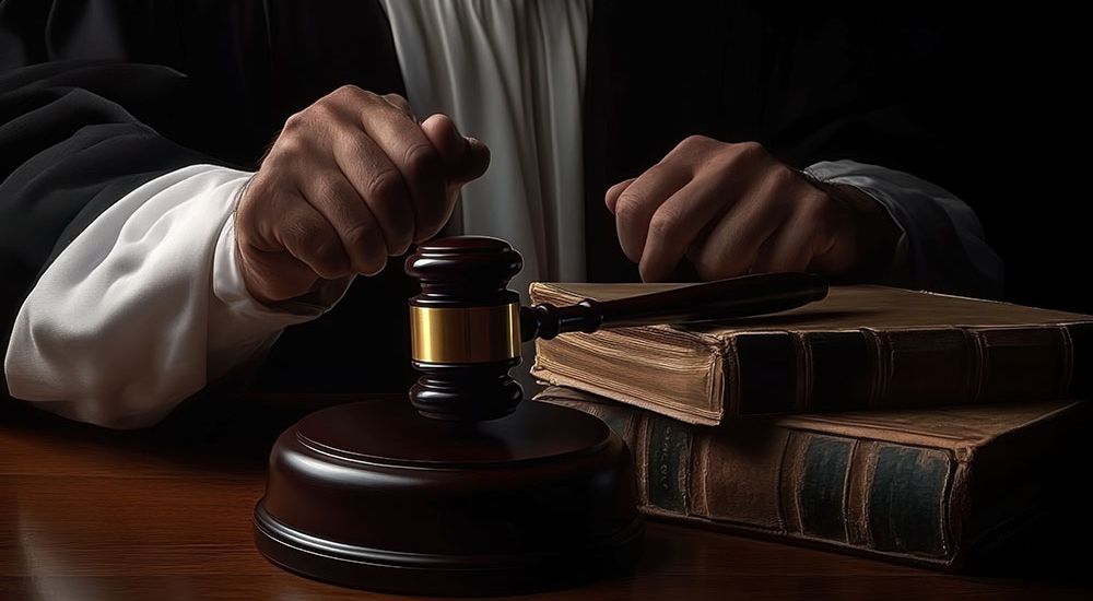 Judge holding gavel beside law books, symbolizing justice and legal proceedings in a courtroom setting.