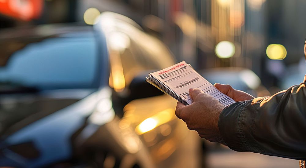 Person examining documents by a car on a city street, with blurry background and evening sunlight.