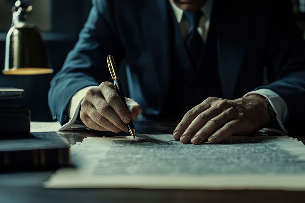 Man in suit writing with pen on document at dimly lit desk.