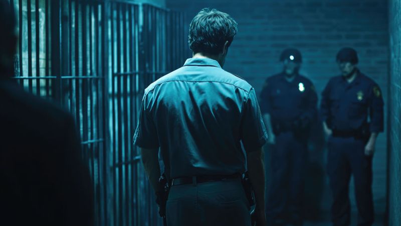 Man facing police officers in dimly lit prison corridor.