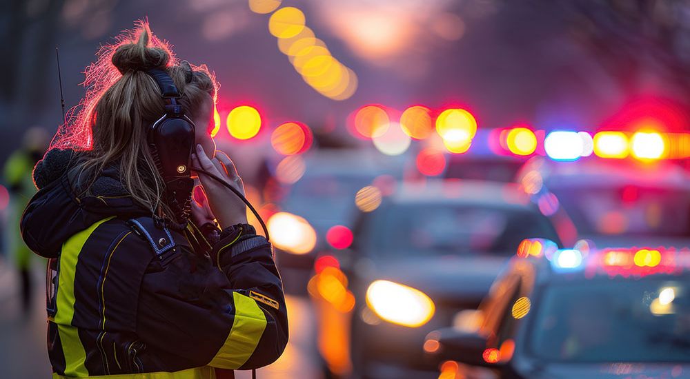 Emergency responder communicating amid police cars with flashing lights at dusk.