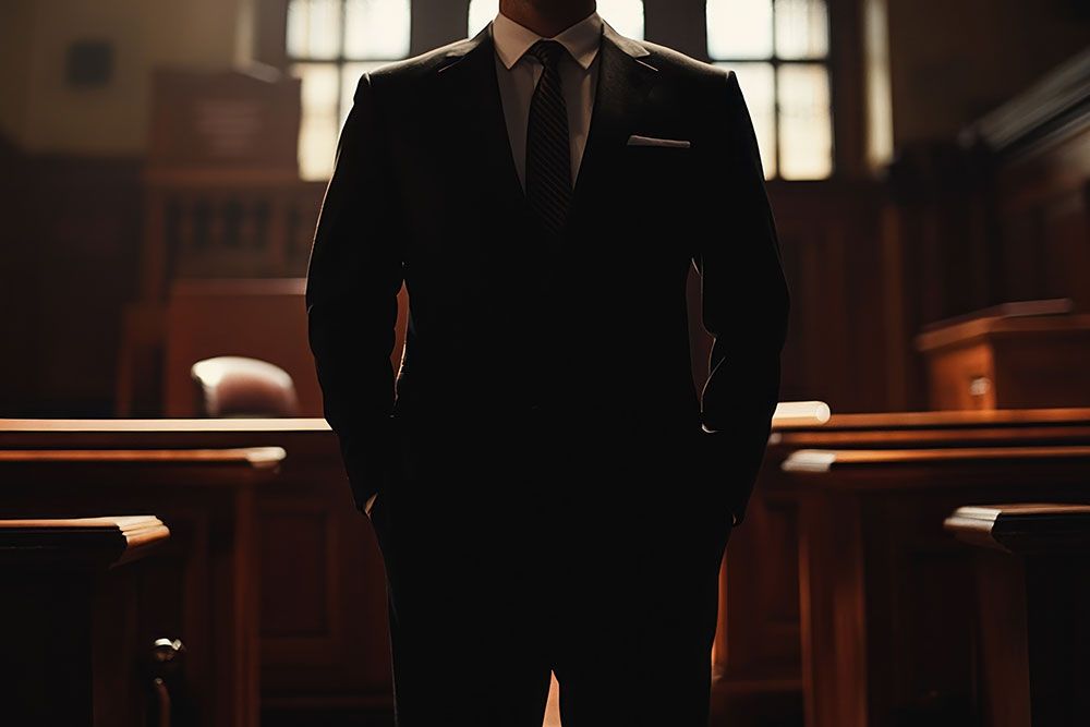 Professional lawyer in a courtroom, wearing a dark suit, standing confidently with hands in pockets.