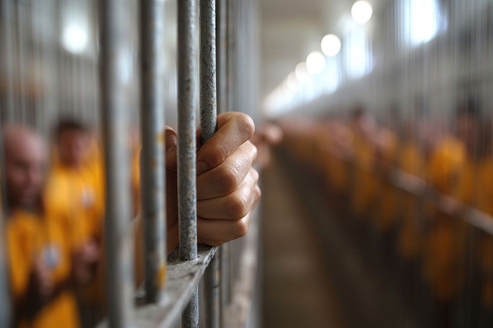 Hand gripping prison bars with blurred inmates in orange uniforms in the background.