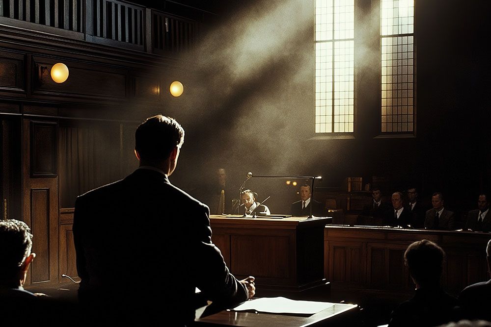 Dramatic courtroom scene with a lawyer speaking, bathed in sunlight from tall windows, facing a jury and judge.