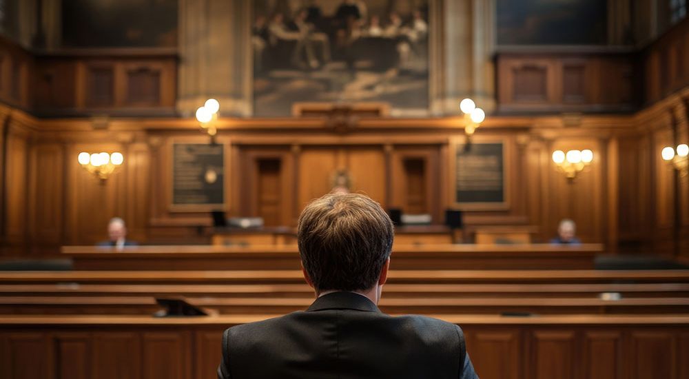View of a person in court, focusing on a grand, traditional courtroom setting with wooden interiors.